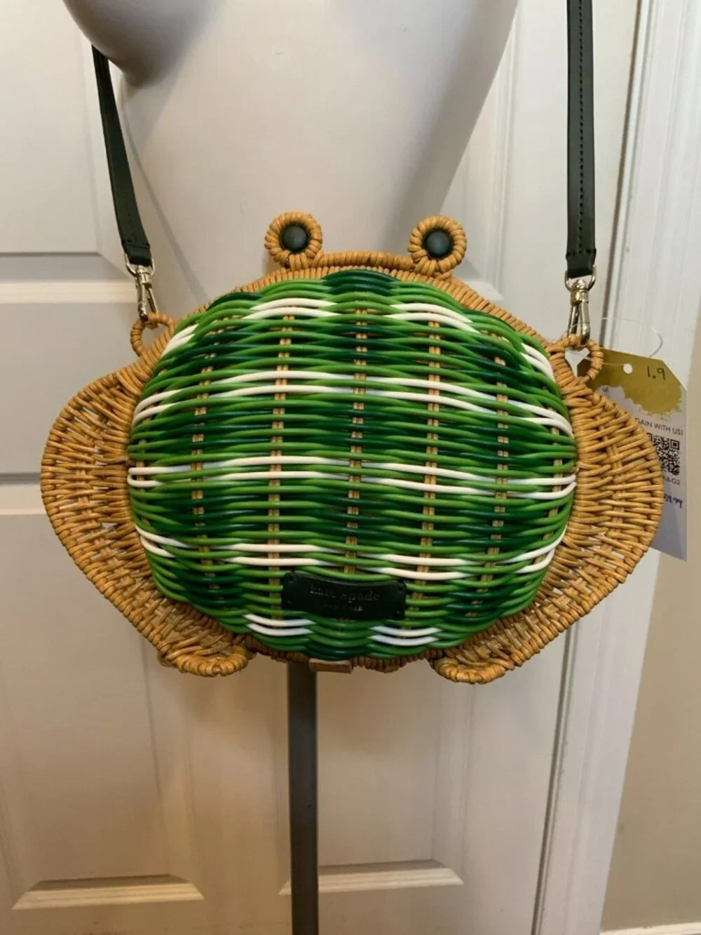 Kate Spade New York Green White Striped Hopkins Frog Wicker Bag NWT!